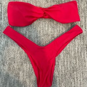 Red bandeau bikini high cut thong